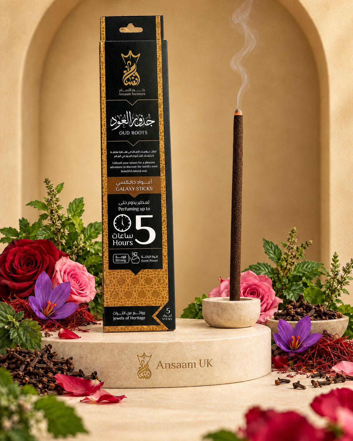Oud Roots 5 Hours incense sticks with rose, saffron, clove and patchouli