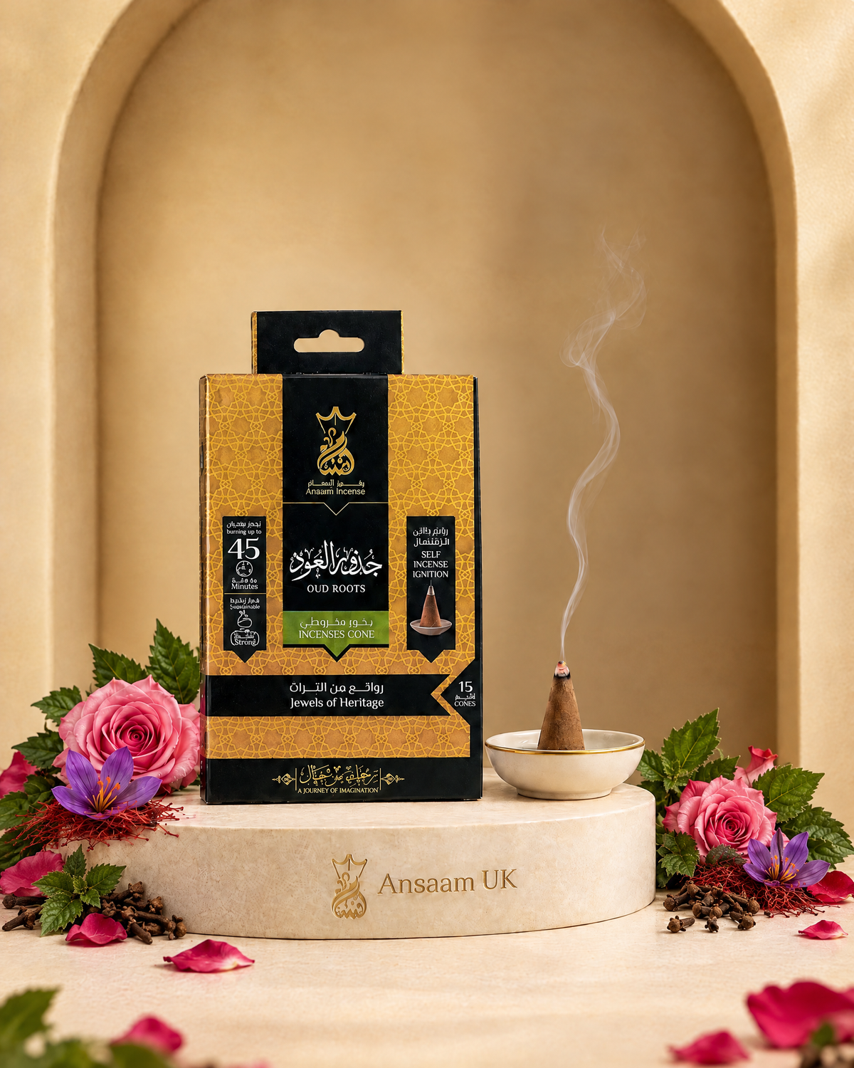 Oud Roots incense cones with rose, saffron, clove and patchouli