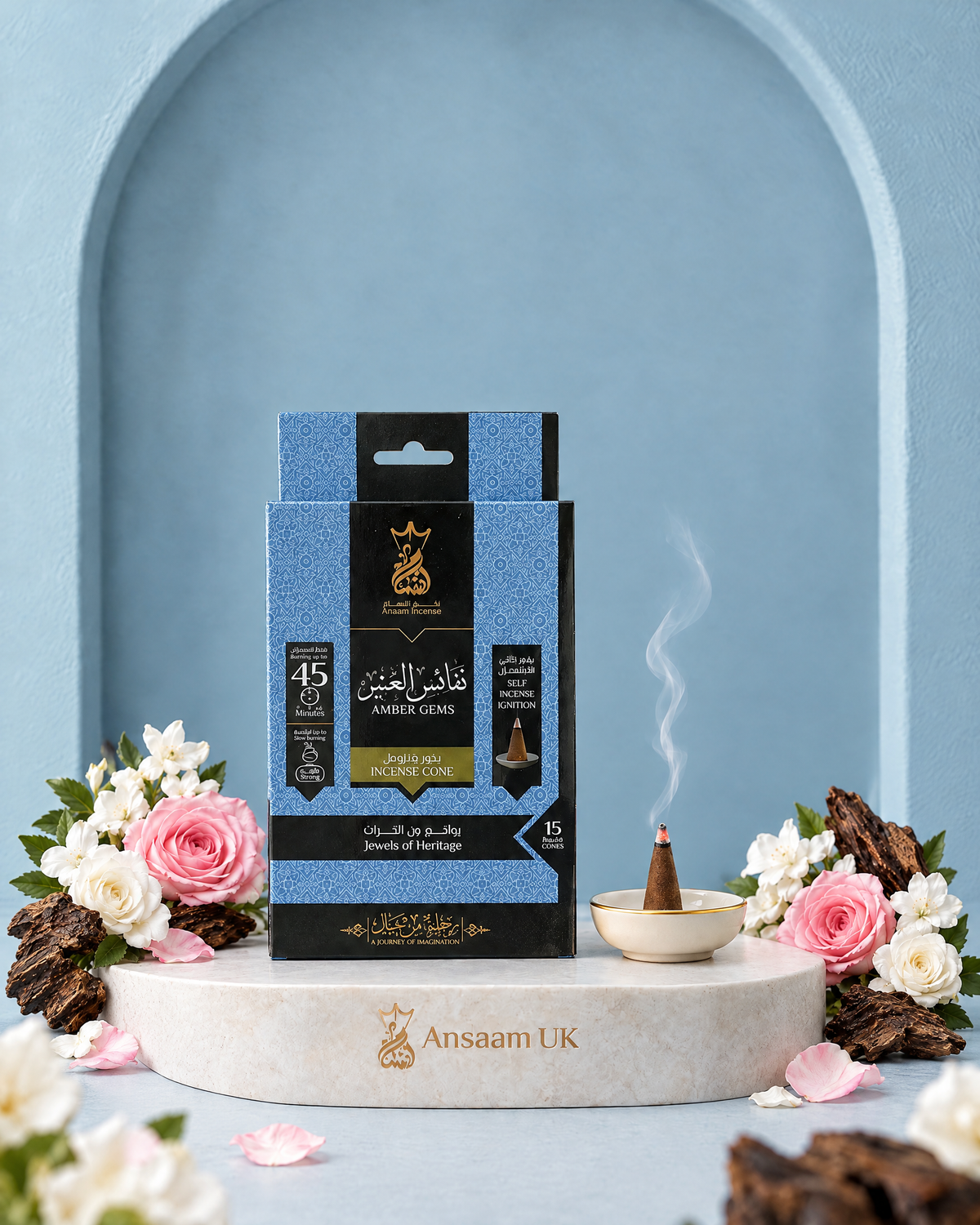 Amber Gems incense cones with white flowers, roses and agarwood