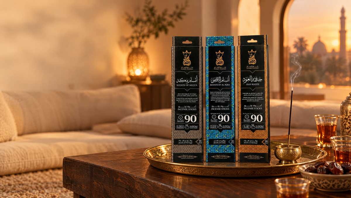Ansaam incense bundle on a brass tray in a warm living room