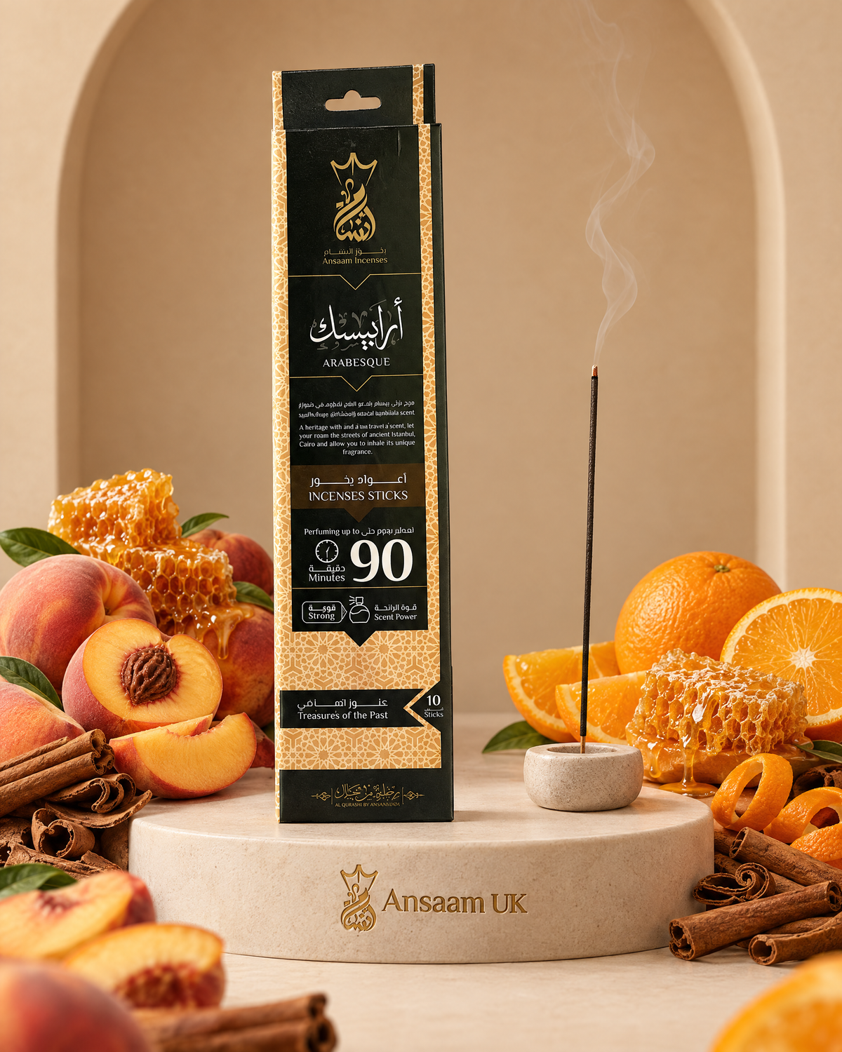 Arabesque 90 Minutes incense sticks with peach, orange, cinnamon bark and honey