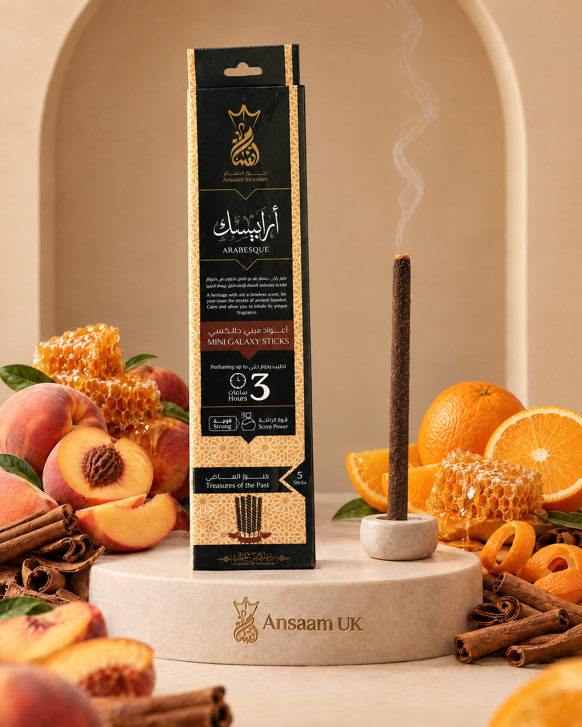 Arabesque 3 Hours incense sticks with peach, orange, cinnamon bark and honey