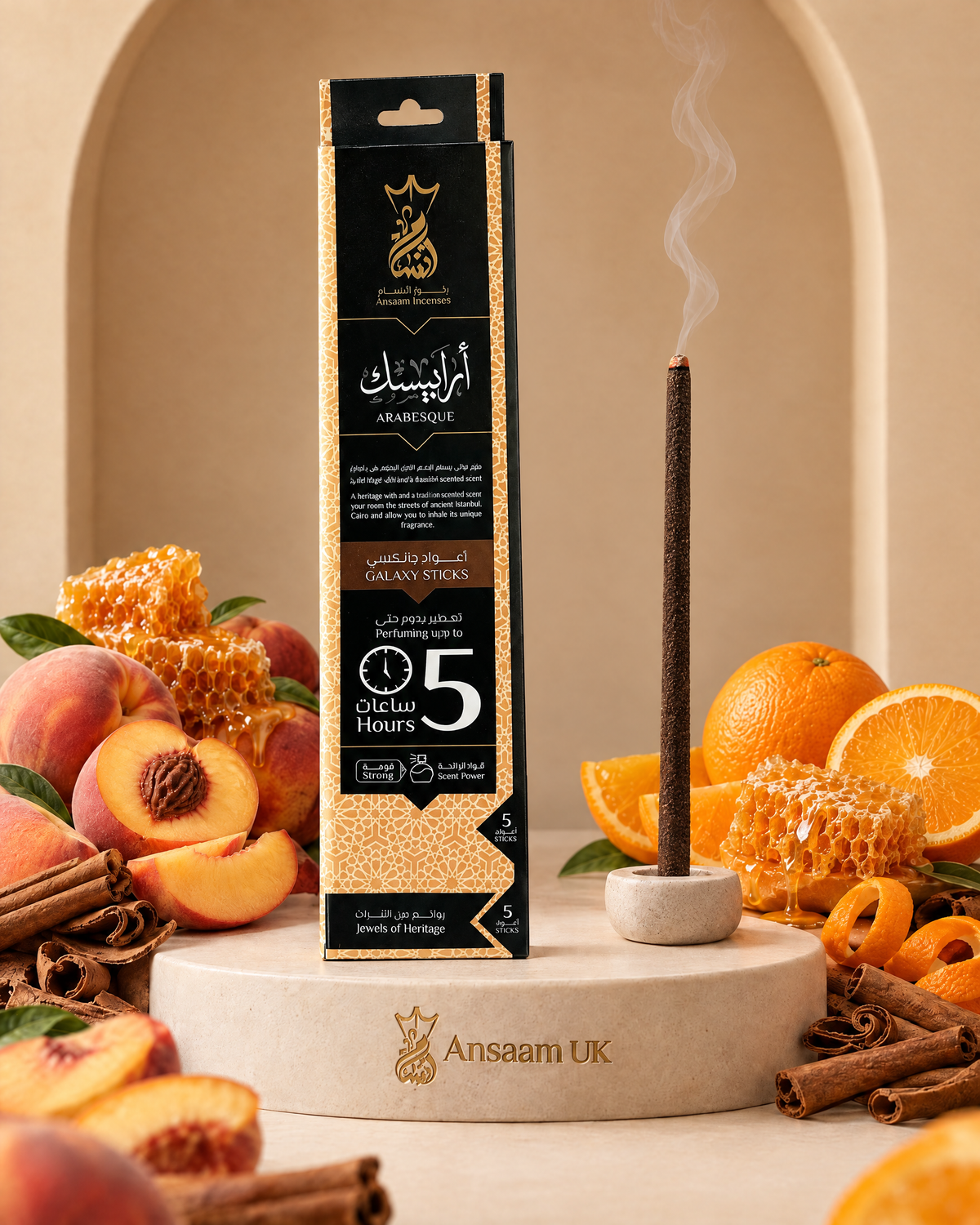 Arabesque 5 Hours incense sticks with peach, orange, cinnamon bark and honey