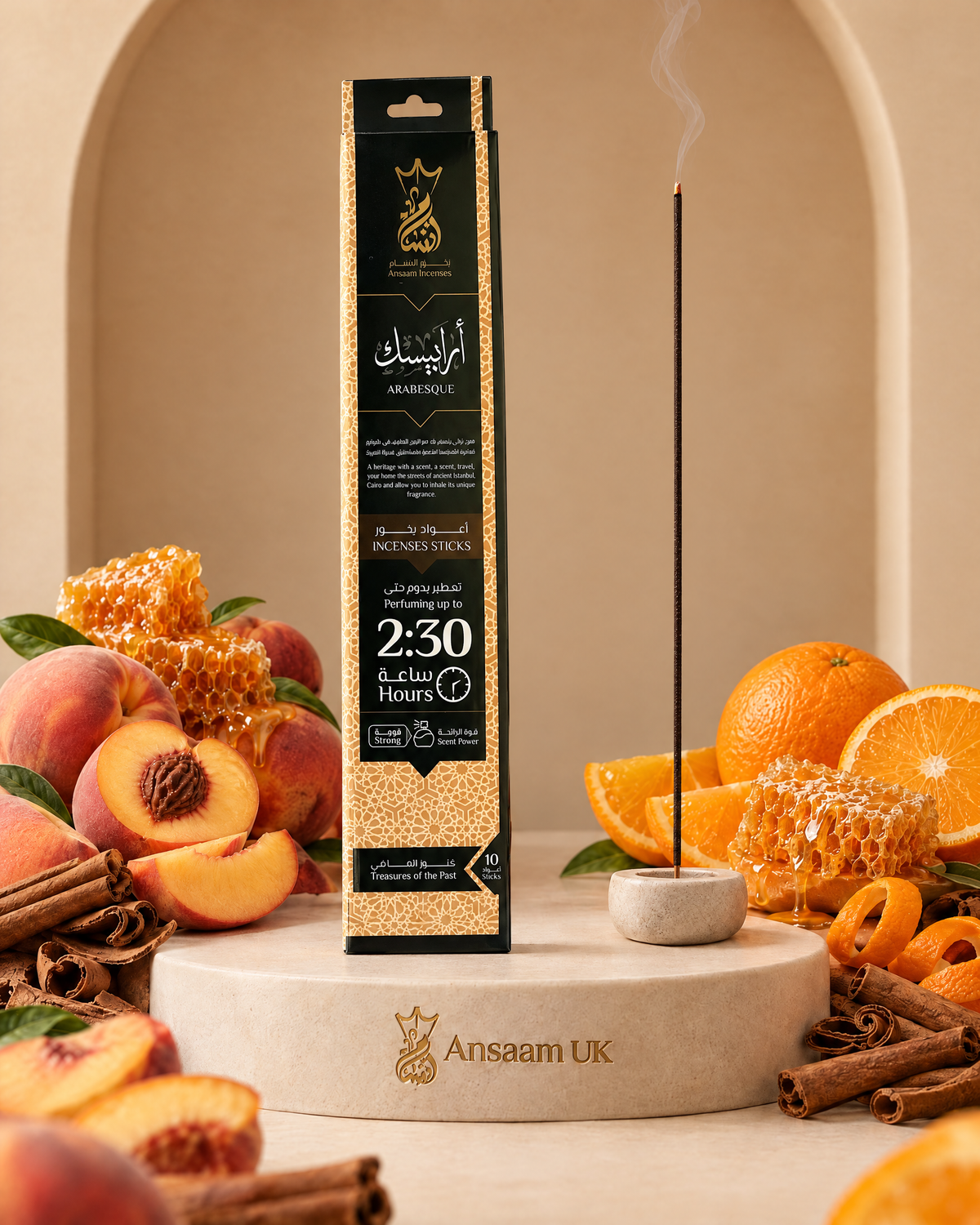 Arabesque 2.3 Hours incense sticks with peach, orange, cinnamon bark and honey