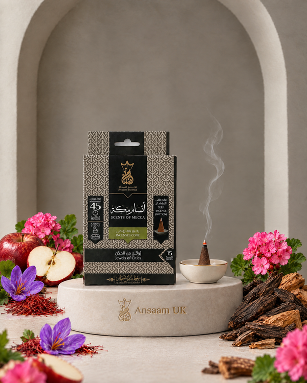 Mecca incense cones with apple, saffron, geranium, oud and amberwood
