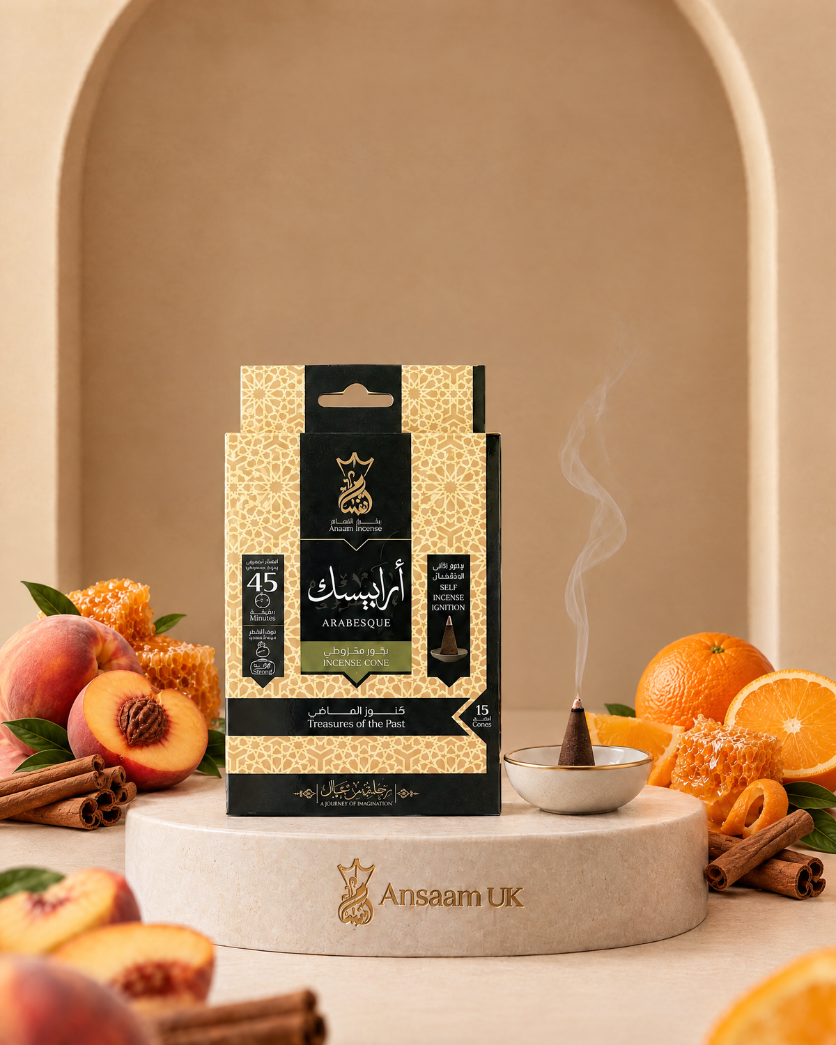 Arabesque incense cones with peach, orange, cinnamon bark and honey