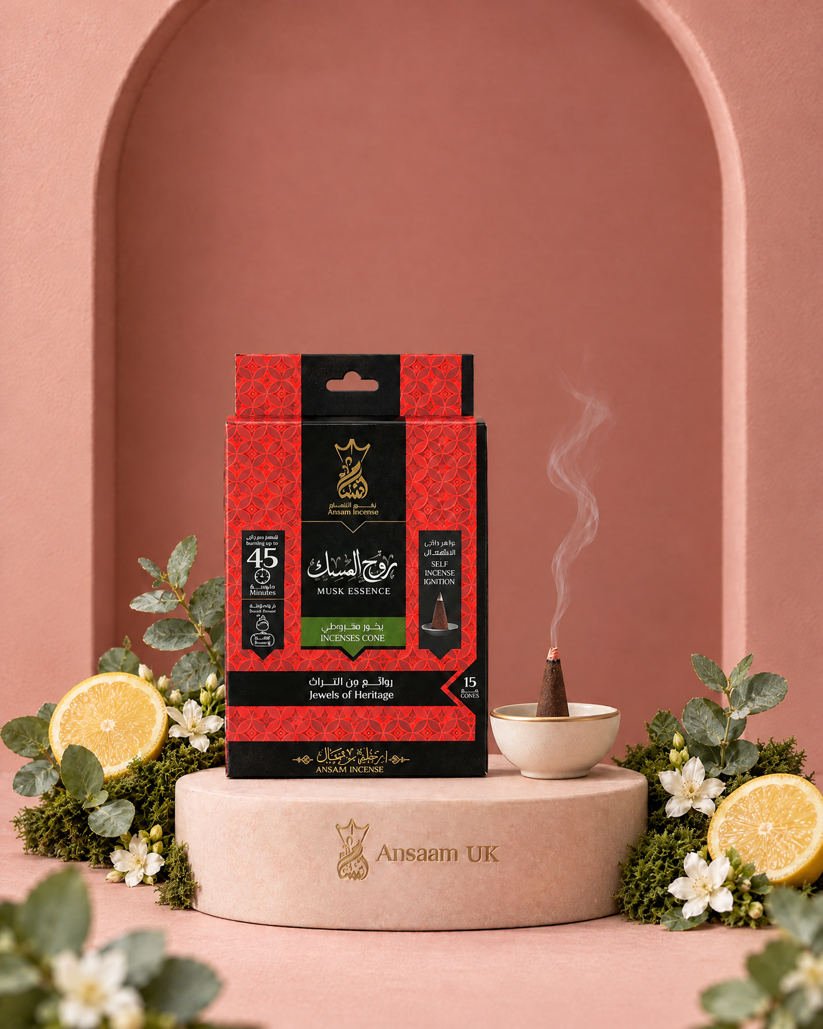 Musk Essence incense cones with citrus, eucalyptus, white flowers and moss